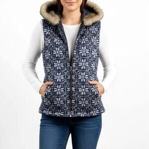 Talbots Fair Isle Knit Zip Front Vest Faux Fur Hood Blue White XL Cozy Layering